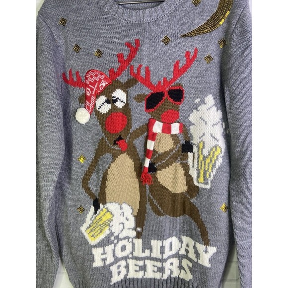 Reindeer Holiday Beers Christmas Ugly Sweater Gray Embellished Womens Size M - Picture 2 of 8
